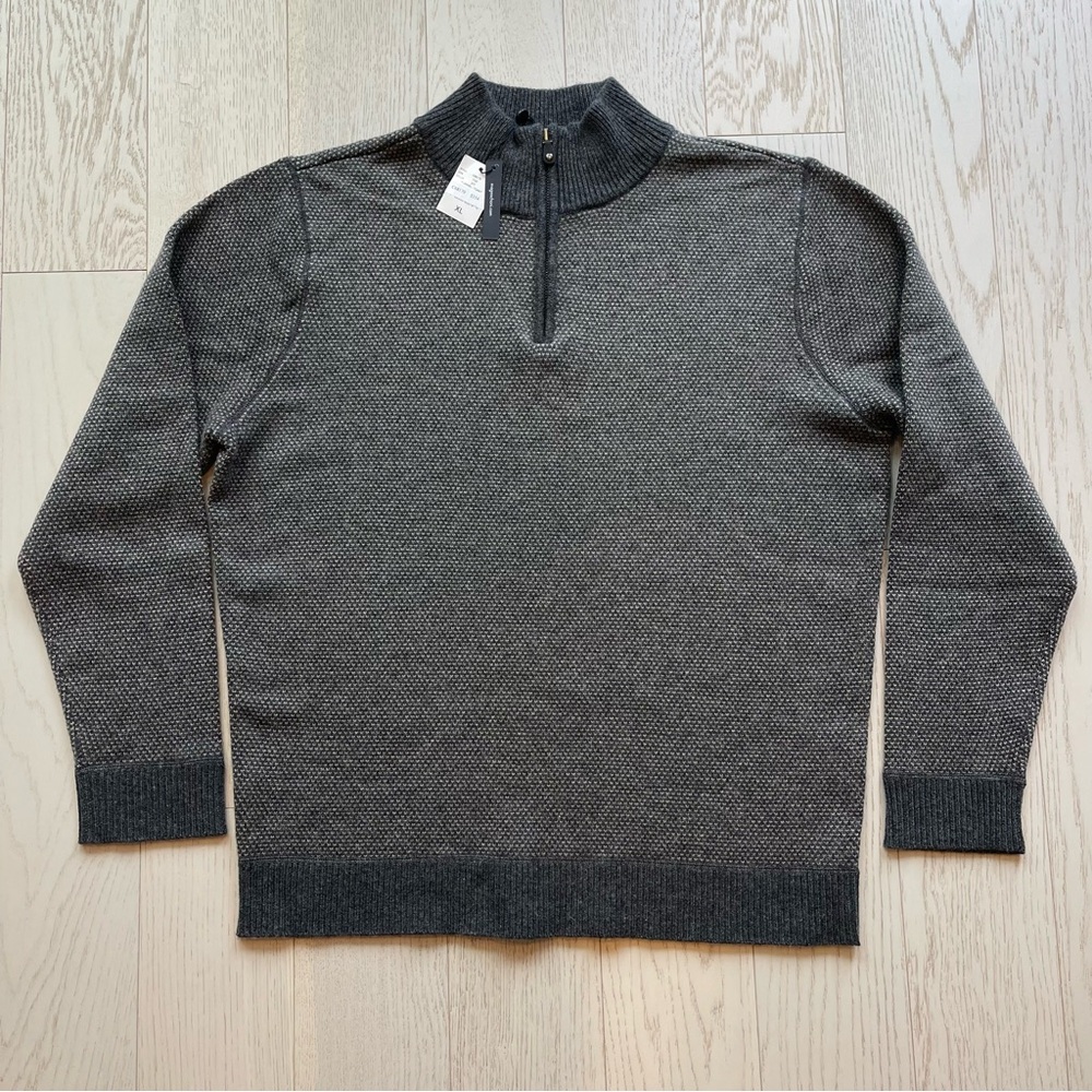Magaschoni Gray Birds Eye View Intarsia Knit Quarter Zip Cashmere Wool Sweater
